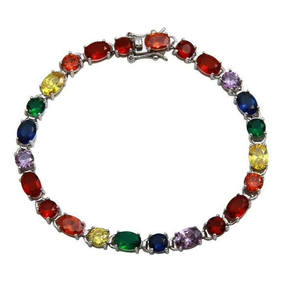 Multicolor Cubic Zirconia Alternating Stones Tennis Bracelet Sterling Silver