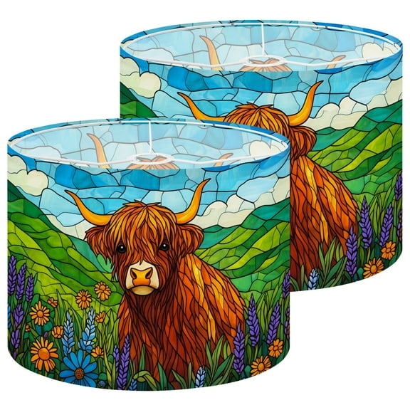 Cow Lampshades 2 Pack Highland Cow Colorful Wildflowers Rolling Hills Stained Glass 13"x13"x10" Light Shade for Table Lamps Floor Lamps Drum Lamp Shades Lampshade Replacement Easy Assembly