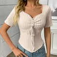 thumbnail image 5 of JGGSPWM Women's Sweetheart Neck Drawstring Ruched Short Sleeve Asymmetrical Hem Knit Tunic Slim Fit Curve Crop Tops Pullover Shirts Beige XL, 5 of 7