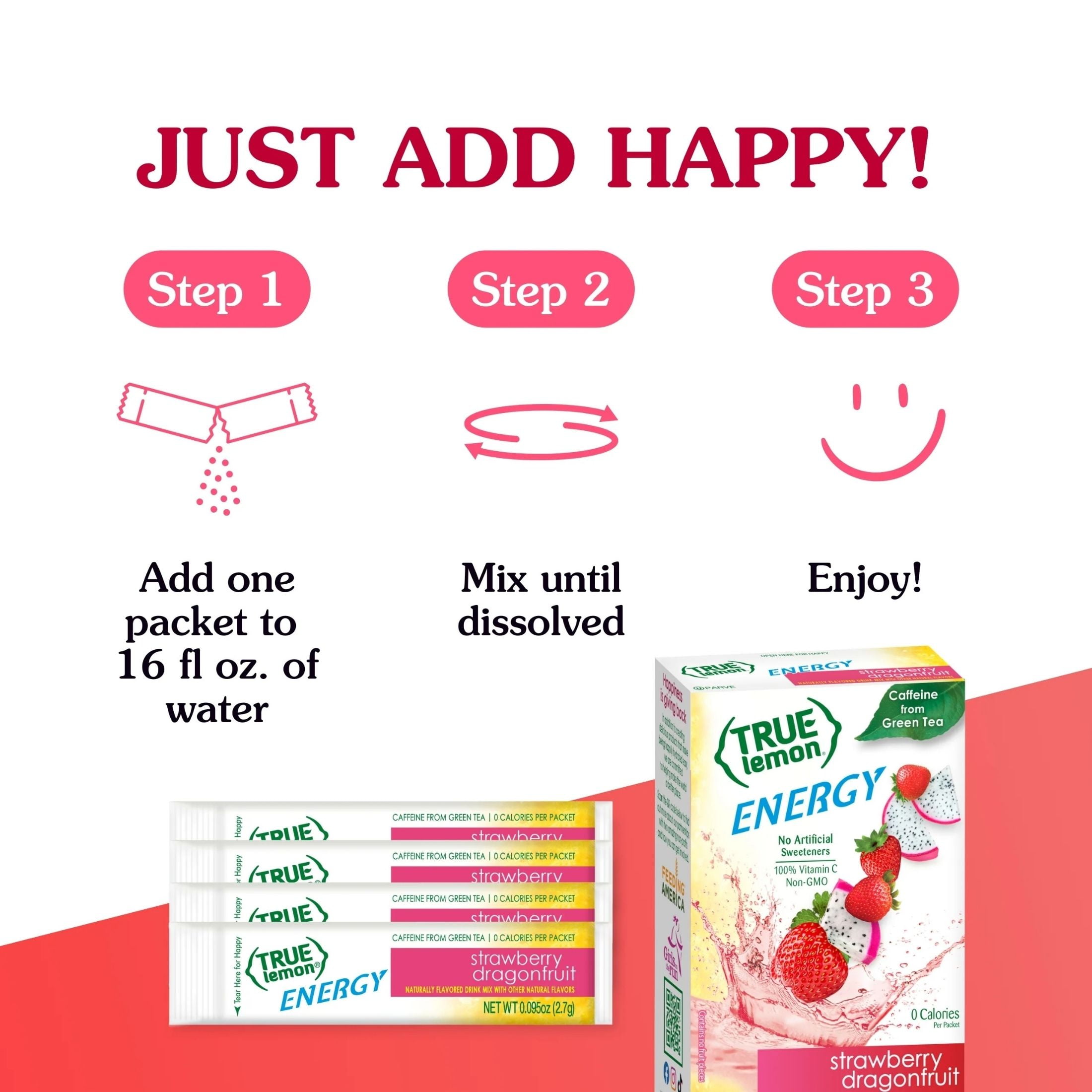 (12 pack) True Lemon Strawberry Dragonfruit Energy Drink Mix, 0 Sugar, No Artificial Sweeteners, 6 Count Box