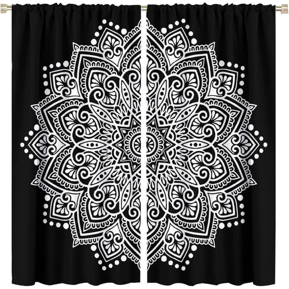 Mandala Curtains Vintage Boho Mandala Flower Black and White Classic Art Print for Bedroom Living Room Bathroom Kitchen Decor Rod Pocket Blackout Window Drape 42x54in