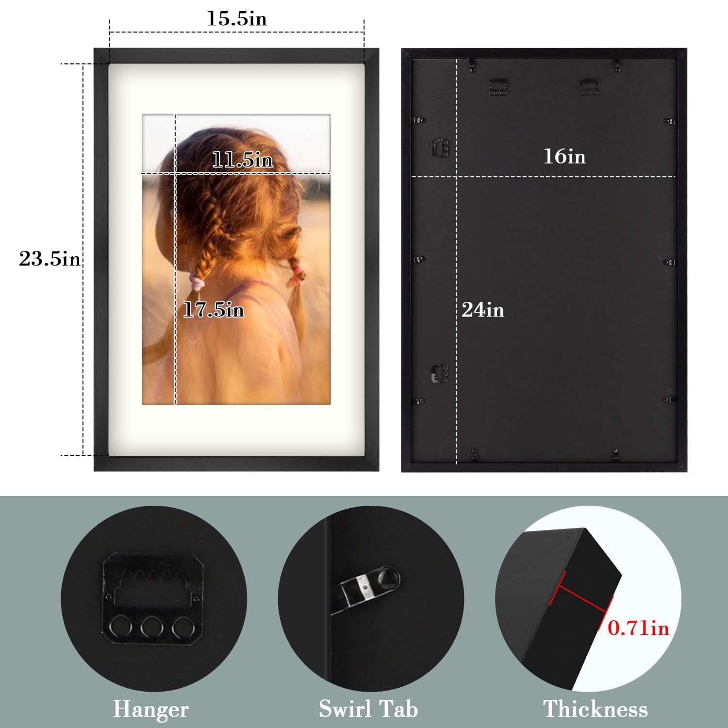 Golden State Art 16X24 Black Picture Frame with Mat for 12X18,  Wall Mounting Horizontal Vertical Display, 1 Pack