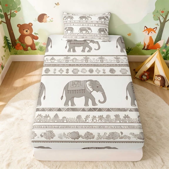 Erosebridal Elephant Twin Fitted Sheet for Boys Girls, Boho Stripes Bedding, 2-Piece 1 Fitted Sheet and 1 Pillowcase