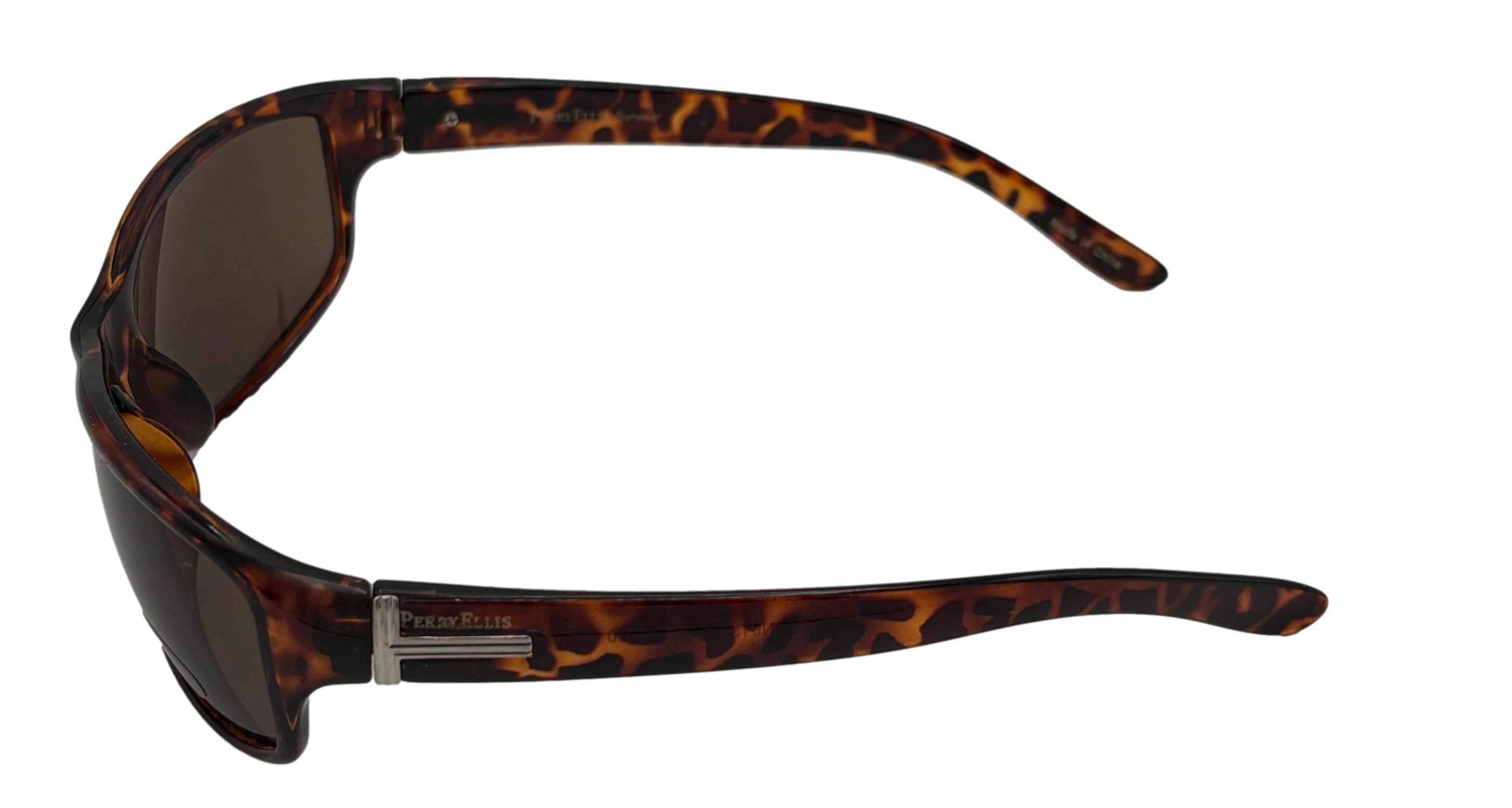 Perry Ellis Mens Sunglass Tortoise Plastic Rectangle Wrap, Brown Lens PE13 4