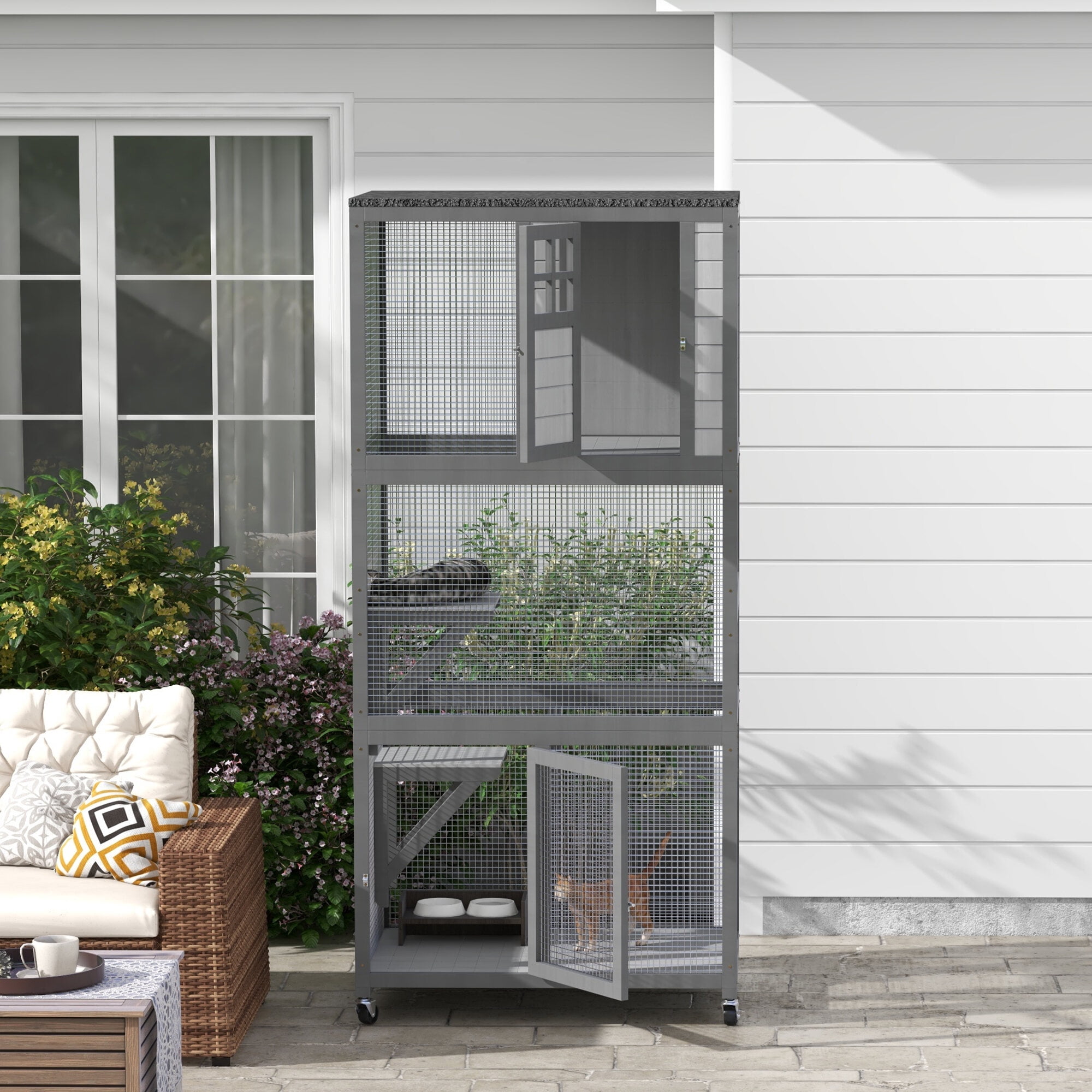 Dog Crate, PawHut 74" Wooden Catio Outdoor Cat House Weatherproof & Wheeled, Outside Cat Enclosure with High Weight Capacity, Kitten Cage Condo, Light Gray, Light Gray Pet Playpen,Steel Chicken Coop