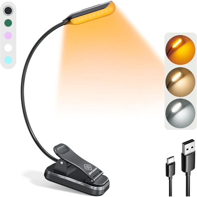 Luz para libros con pinza recargable 10 LED 3 colores 3 niveles de brillo duración 80 h ideal para lectura en cama