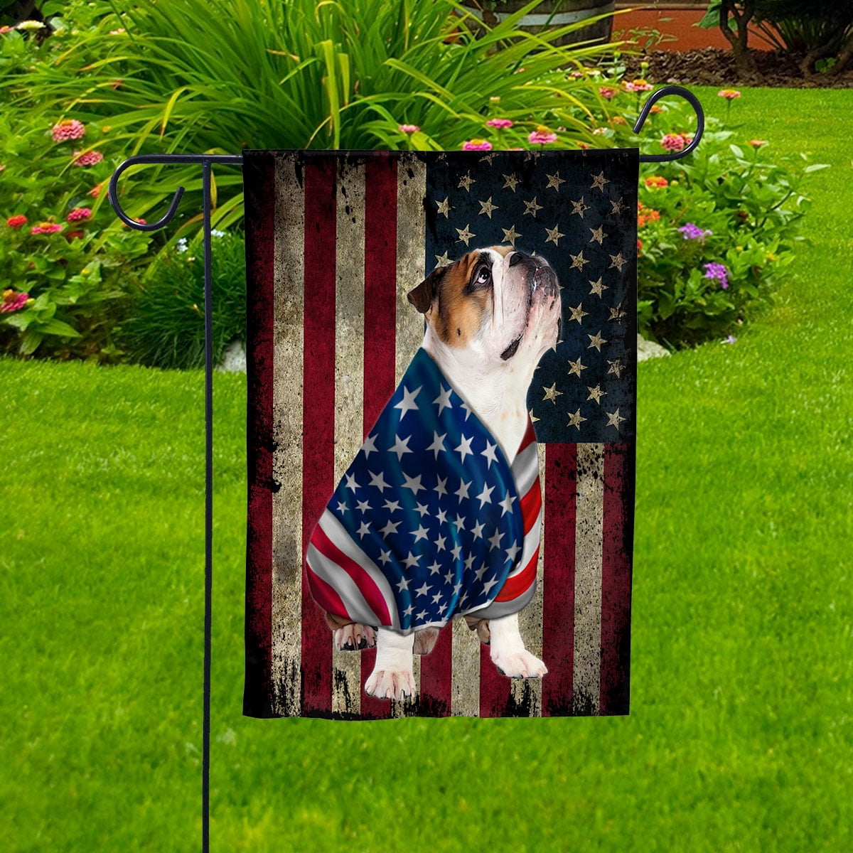American Flag with Bulldog Dog stand under the cross Patriot Patriotic 4th of july Garden Flag, Double-Sided Decorative Outdoor Flag, Patriotic Polyester Yard Flag 12 x 18 in