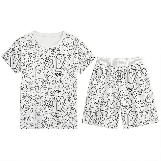 TBWNWG Ensemble de Pyjama Garçon Imprimé d'Halloween Manches Courtes Col Rond Short Tenue Confortable Taille Élastique Tenue Décontractée de Détente pour Enfants 2-12 Ans, Taille 7-8 Ans