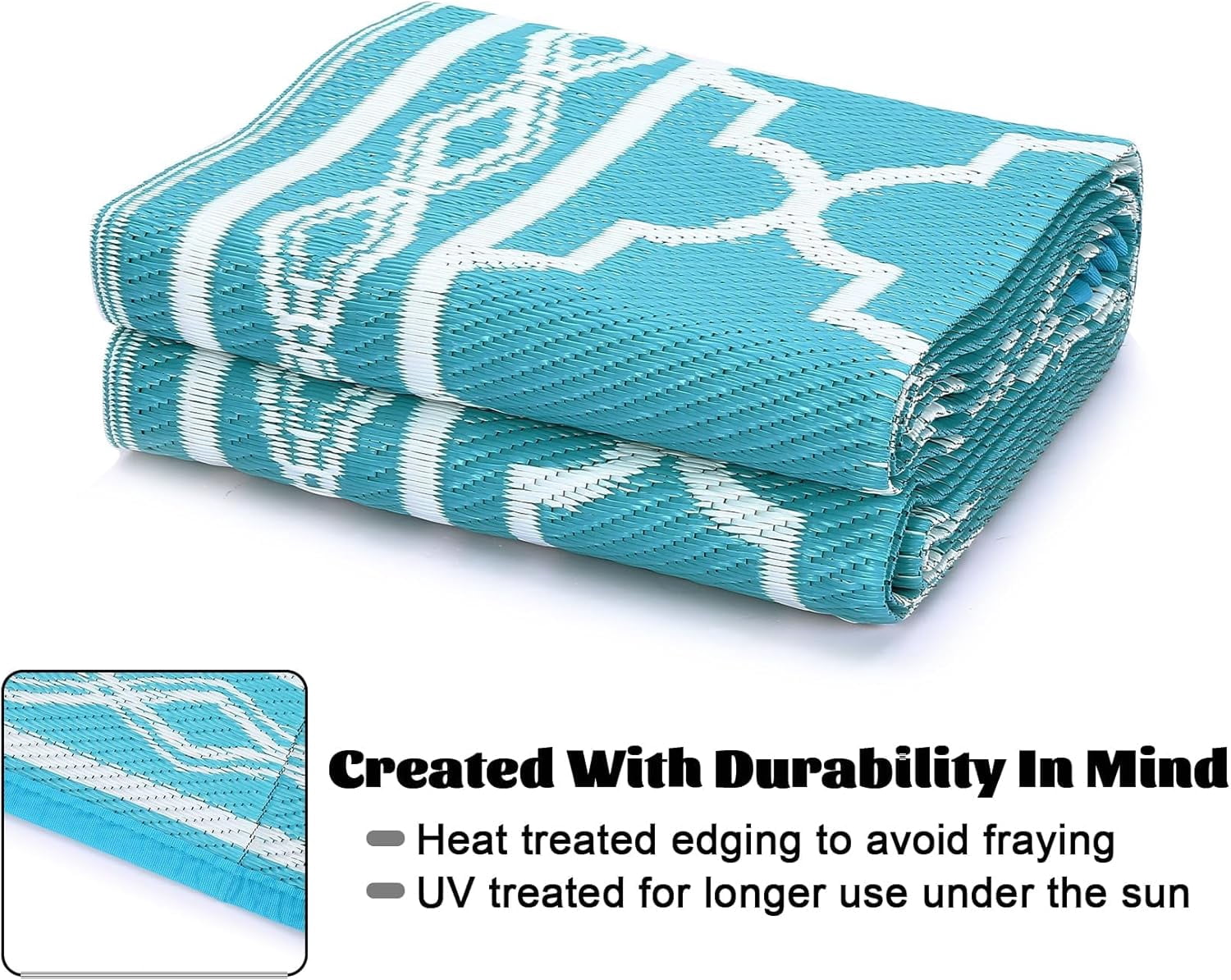 Memoryfield Waterproof Outdoor Rug 9x18ft for Patios, Plastic Straw Rug Outside Carpet Mats for Picnic, Backyard, Deck, Balcony, Porch, Beach, Light Blue & White