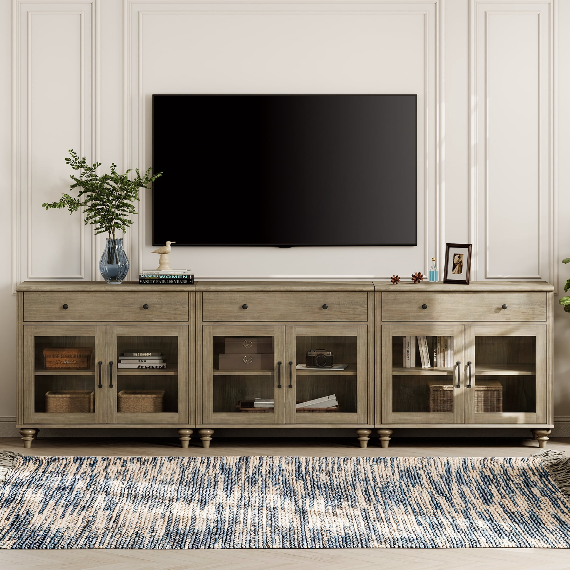 TV Stand For 100 Inch TV Inch TV, 3-In-1 TV Console Table For 75/80/85/90 Inch TV, Entertainment Center With 3 Drawers And 6 Doors, Wash Grey