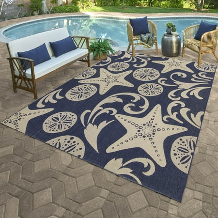 Paseo 5' x 7' Blue and Beige Starfish Outdoor Rug