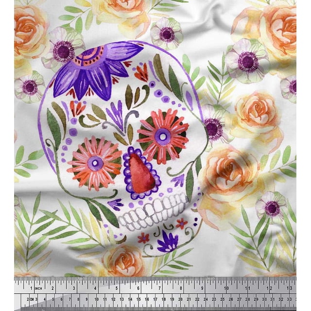 Soimoi Polyester Crepe Fabric Skull,Rose & Anemone Flower Print Fabric by Yard 52 Inch Wide