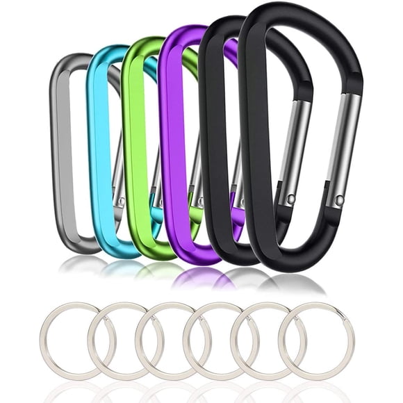 6PCS Black Carabiner Caribeaner Clip,3" Large Aluminum D Ring Shape Carabeaner with 6PCS Keyring Keychain