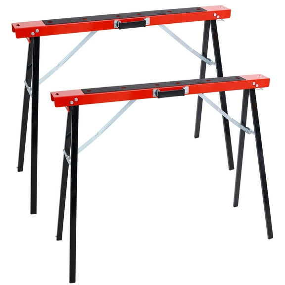 Portable Folding Red & Black Saw Horses 2 Pack Heavy Duty Steel, Convenient Handle, 275 lbs Capacity, Garage & Workshop Workhorse Set - Sturdy & Foldable