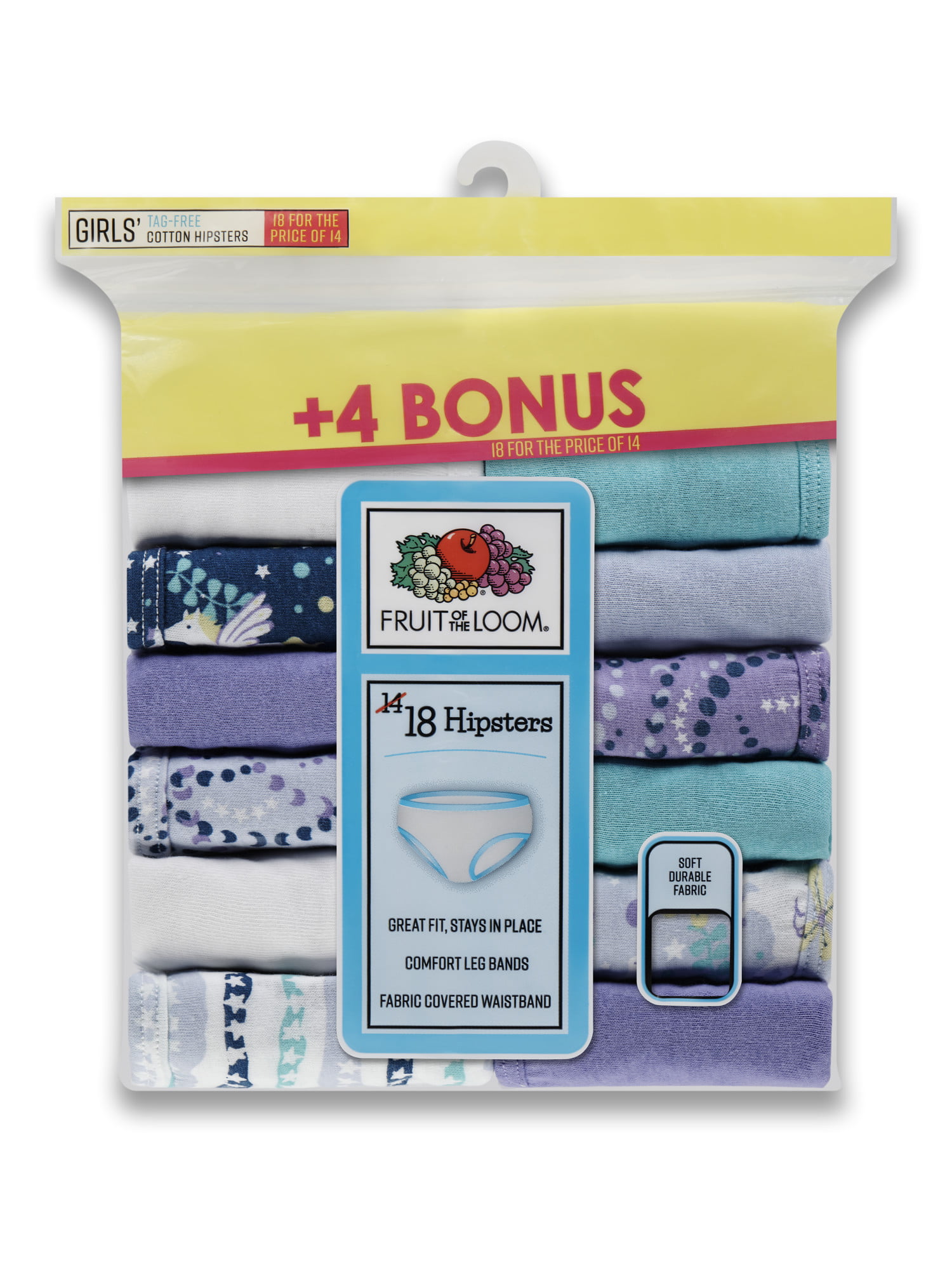 Fruit of the Loom Girls Underwear, Assorted Cotton Hipsters, 14+4 Bonus  Pack Sizes 4-14