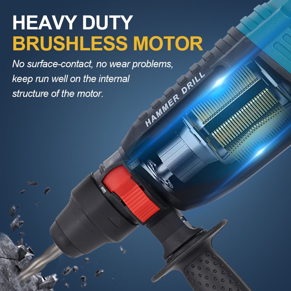 HORMY SDS-Plus Rotary Hammer Drill, 4 Functions Brushless Hammer Drill with Two 3.0A Batteries and 1 Fast Charger for Concrete Rock Floor Tile Removal