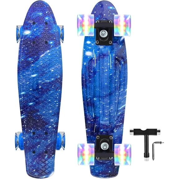 Mini Cruiser Skateboard Retro 22 Inch with Colorful Light up Wheels for Girls Boys Beginners Dark Blue