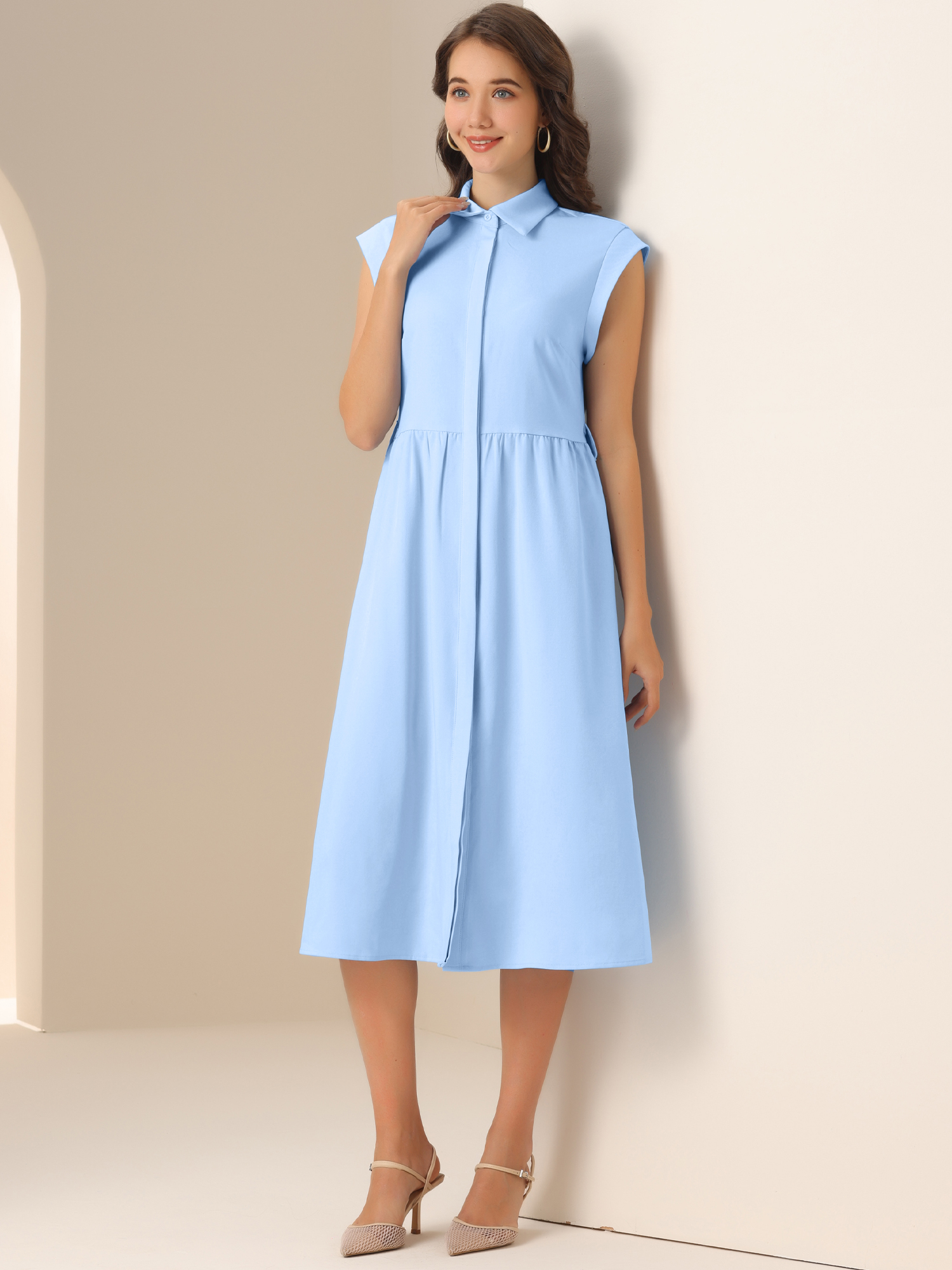 DARING DIVA Women's Sleeveless Collared Button Down Belted Midi Dress XL Blue