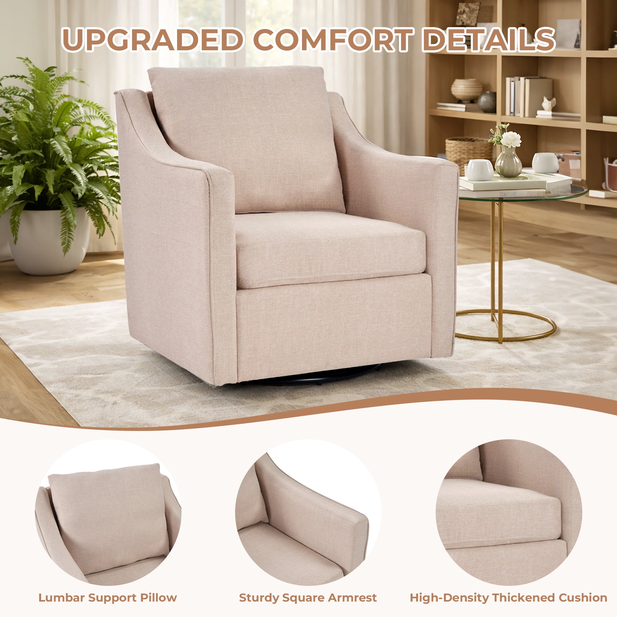 EBELLO Upholstered Accent Chair，Yarn-Dyed Fabric Swivel Chair, Modern Minimalist Armchair with Lumbar Pillow(Single Pack,Beige)