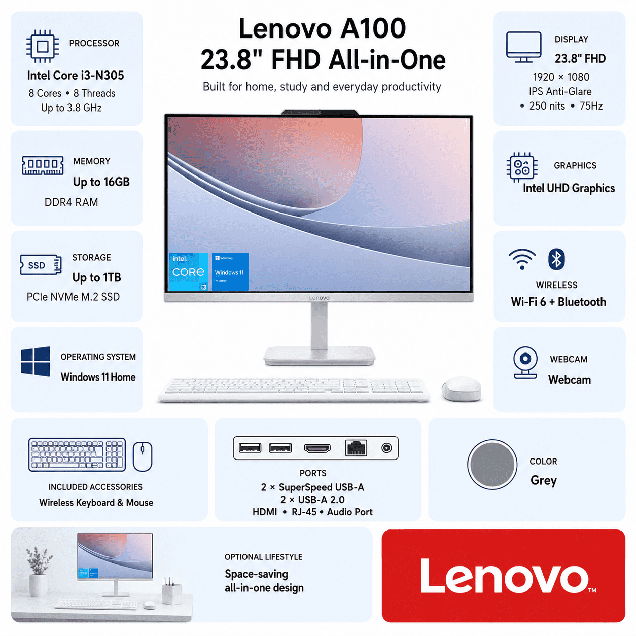 Lenovo A100 23.8" FHD All-in-One, Intel Core i3-N305, 8GB RAM, 512GB SSD, Windows 11 Home