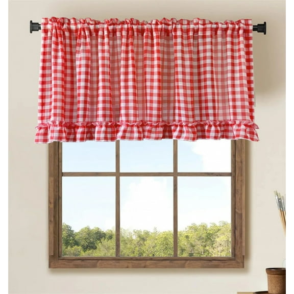 Classic Red Plaid Ruffle Short Cafe Curtains for Kitchen Bedroom Sheer Voile Valance Small Window Drapes Rod Pocket