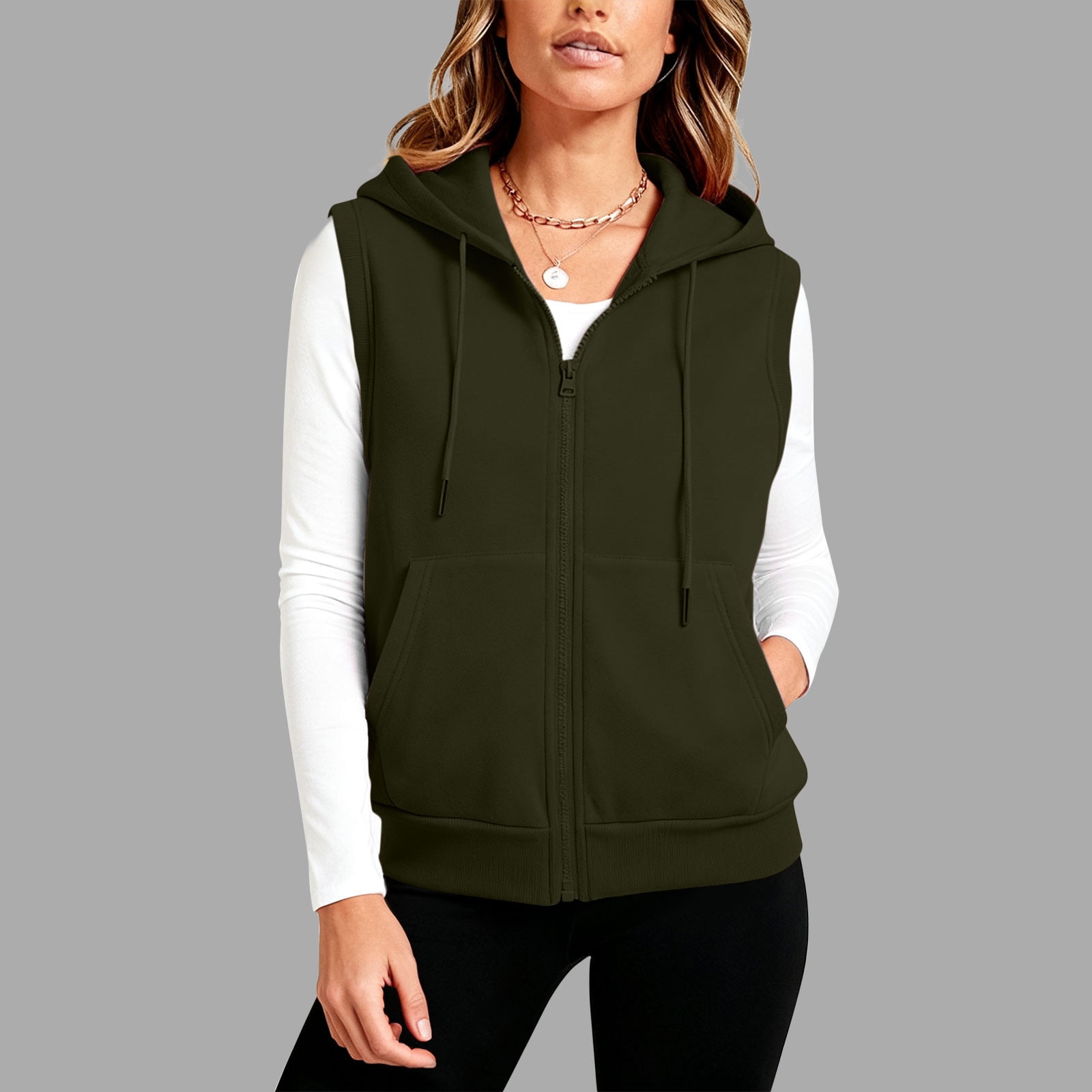 Womens Casual Sweatshirts Cotton Sleeveless Hooded Outerwear Vest with Pockets Sport Casual Full Zip Hoodie Jacket (5XL, Army Green)