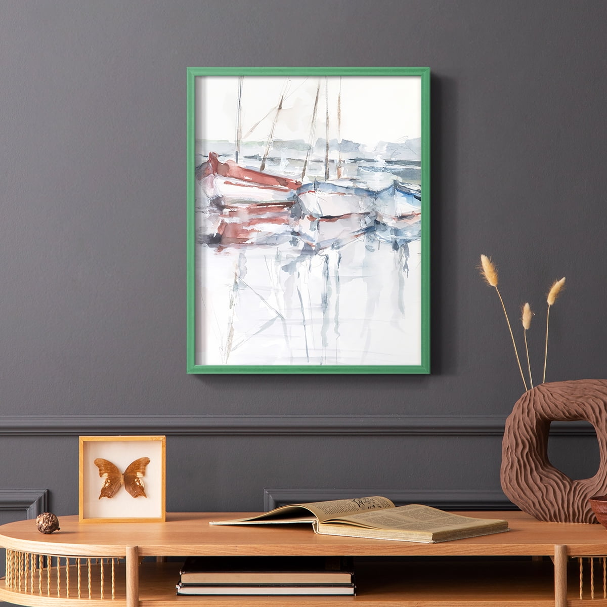 Watercolor Harbor Study II Framed Print in Green Solid Wood 11 x 14 Framed Print
