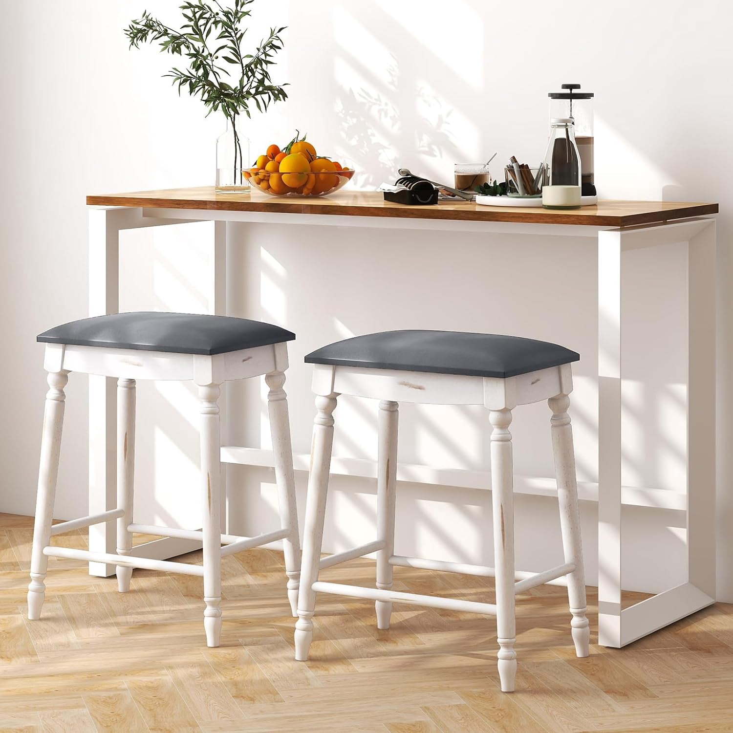 2 Pcs 24'' Counter Height Bar Stool, Rubber Wood Legs, Padded Seat Upholstered Cushions
