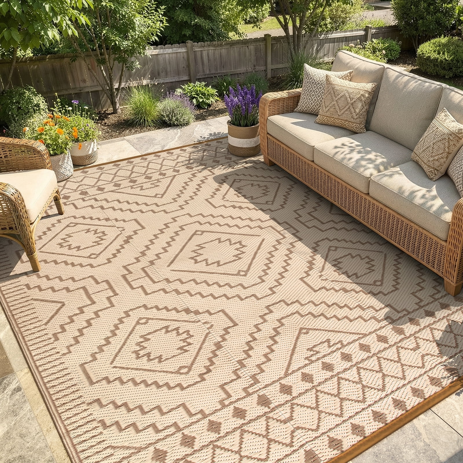 Lahome Lightweight & Waterproof Outdoor Rug 8x10 - Large Reversible Plastic Straw Mat for RV, Beach, Picnic, Camping, Backyard, Balcony, Beige & Brown