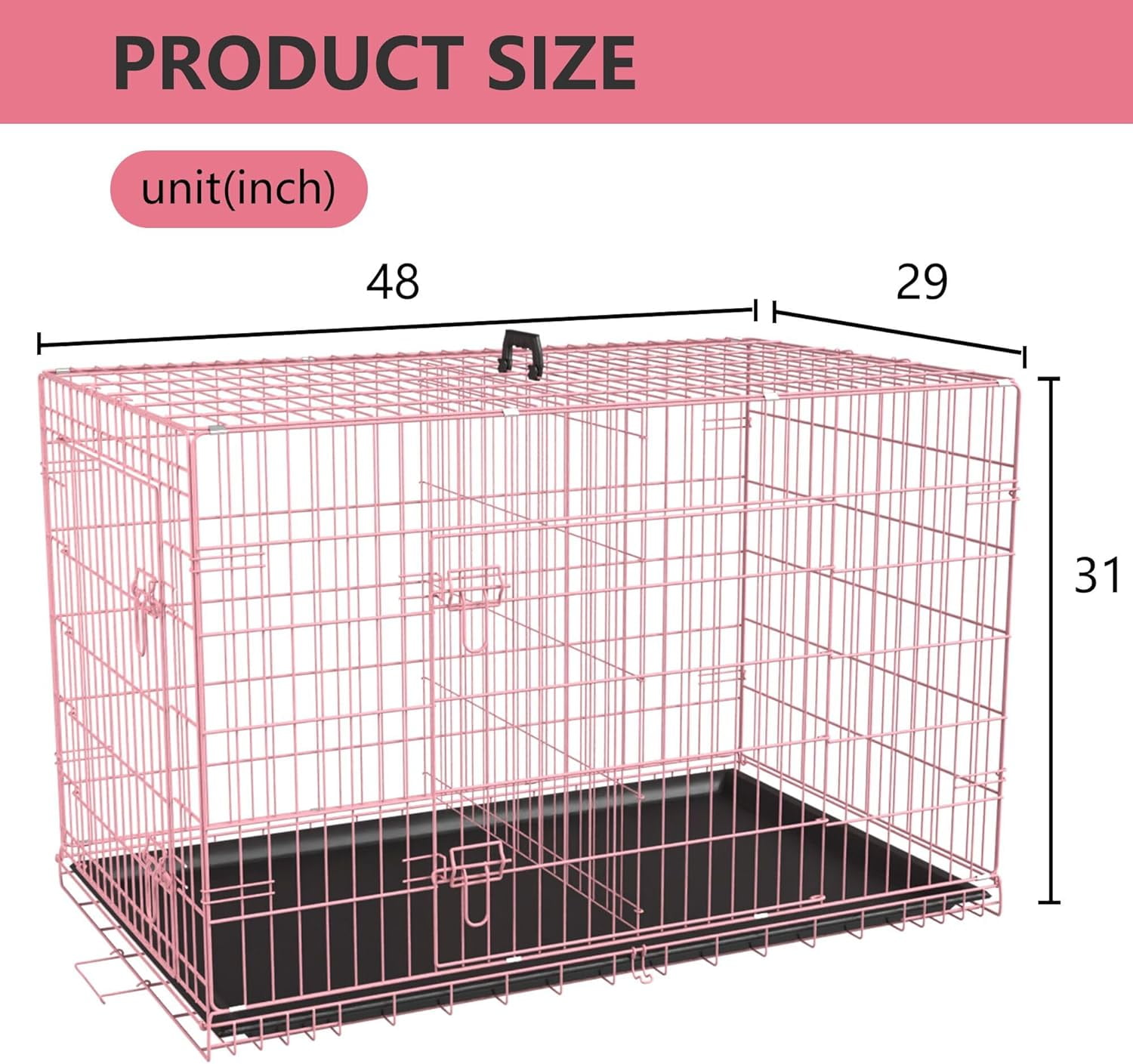 Dog Crates for Large Dogs 48 Inch Folding Mental Wire Crates Outdoor and Indoor Pet Dog Cage with Double-Door, Divider Panel, Removable Tray, Pink