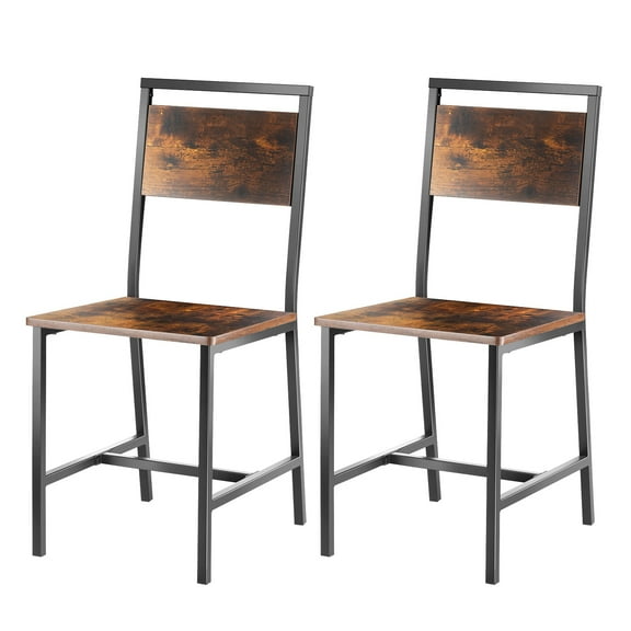 KFFKFF Set of 2 Dining Chairs with Wooden Design, Metal Frame, and Leather Backrest, Easy Assembly Side Chairs for Kitchen or Living Room, Rustic Brown and Black Finish