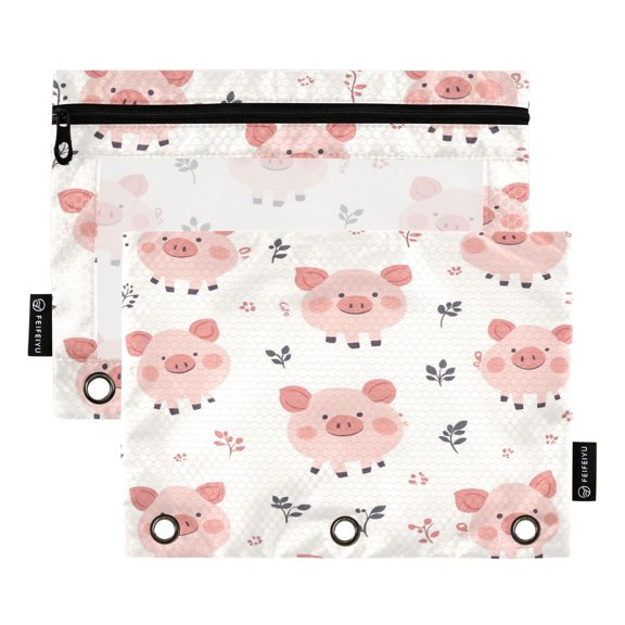 2 Pack 3 Ring Binder Pouch with Clear PVC Window Water Resistant Zipper Pencil Pouch Lovely Pigs Binder Pocket for Classroom Office Home Stationery Organization