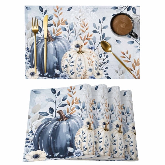 Placemats Set of 4 - 13x19 Inch, Blue Thanksgiving Non-Slip Washable Place Mats for Dining Table, Fall Farmhouse Harvest Pumpkin Leaves Polyester & Linen Blend Table Mats for Kitchen Party Holiday