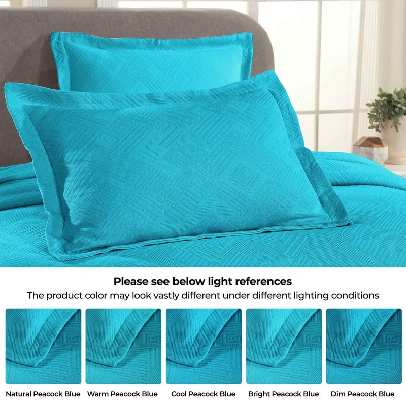 Superior Geometric Fret Cotton Bedspread and Sham Set, 3-Piece Decorative Breathable Bedspreads, Queen, Peacock Blue