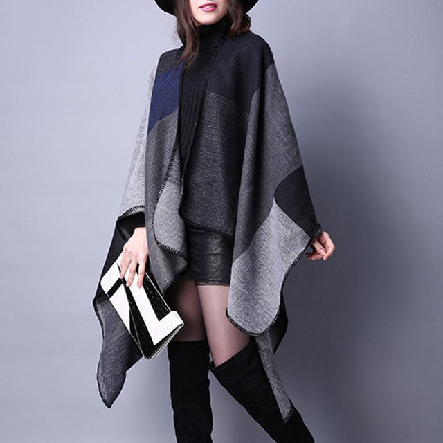 Manta de Capa Cálida para Mujer Cárdigan de Tela Escocesa con Chal de Poncho con Frente Abierto para Mujer - Negro, Única Yinane Capa delantera abierta para poncho