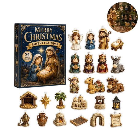 Nativity Advent Calendar, 24‑Day Christmas Countdown Calendar with 24Pcs 2D Acrylic Hanging Ornaments, Nativity‑Themed Holiday Gift