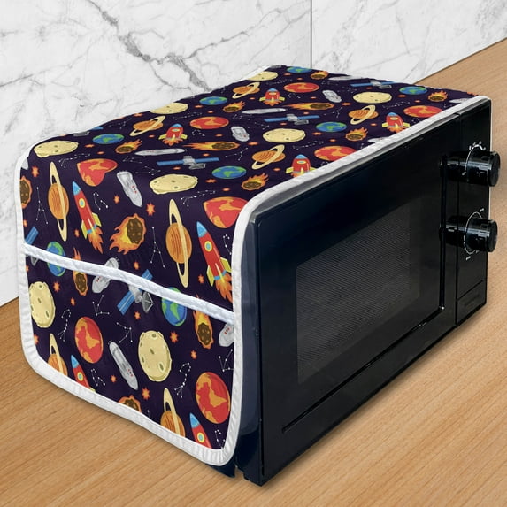 Space Microwave Oven Cover, Universe Themed Illustration with Earth Moon Constellations Saturn Rockets Stars, Water Resistant Organizer with Pockets for Kitchen, 36" x 12", Multicolor, by Ambesonne