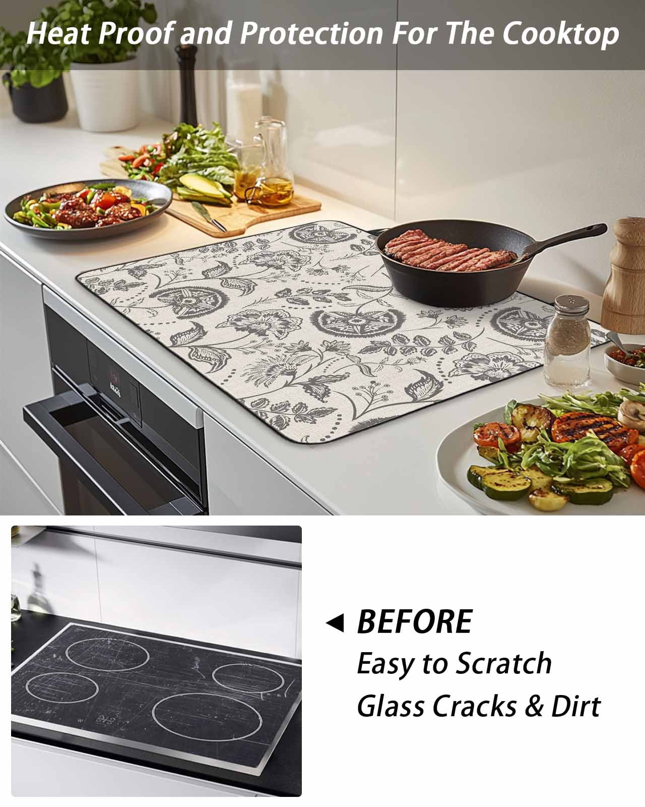 Stove Top Covers for Electric Stove, Grey Paisley Glass Stovetop Cover Protector, Boho Flower Botanical Leaf Branch Induction Cooktop Protector Oven Mat for Kitchen Countertop 24"x21"