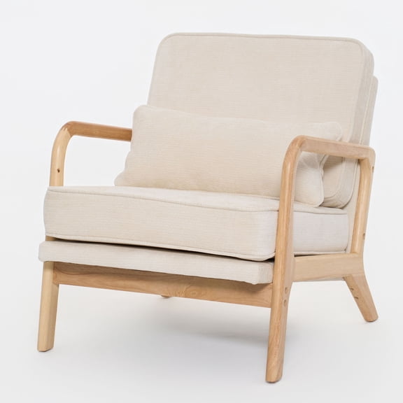CQSXDA Single Upholstered Accent Chair with Curved Wood Armrests and Lumbar Cushion for Living Room or Bedroom, Beige