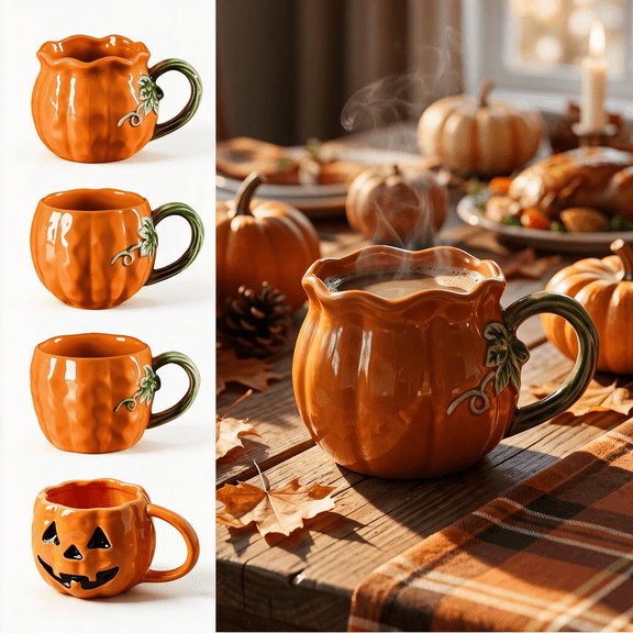 Kdkad Pumpkin Coffee Mug, Ceramic Pumpkin Cups with Handle for Halloween Thanksgiving Decorations, Cute Fall Table Decor, Gifts for Women & Men