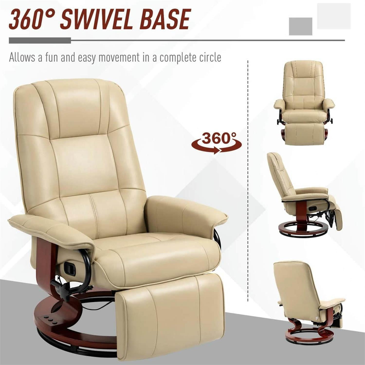 Demi Bonn 39" Faux Leather Swivel Recliner with Footrest, Armrest and Wooden Base for Living Room, Comfort High-Backed Sofa Chair, Beige