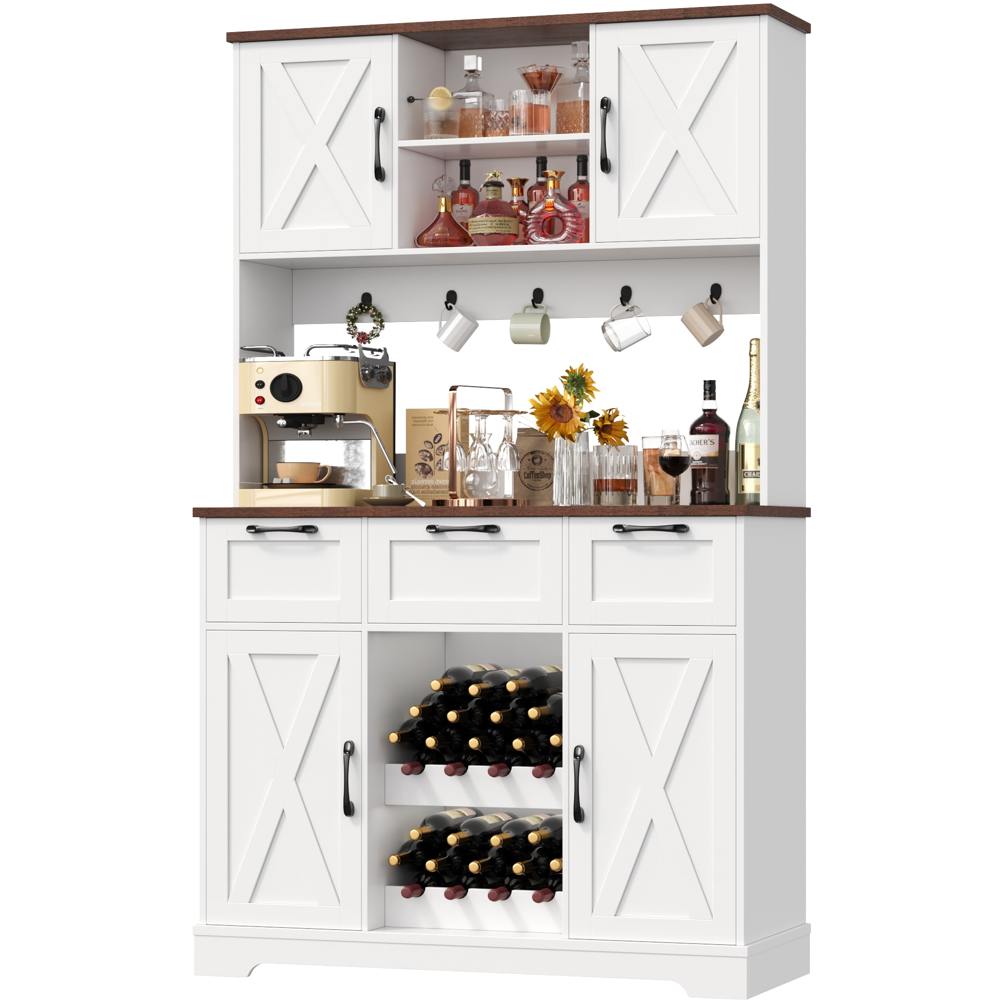 Homfa 71'' Tall Wine Bar Cabinet with Storage Hutch & 3 Drawers, Farmhouse Coffee Bar Cabinet Wine Rack with Adjustable Shelves for Kitchen Dining Room, White