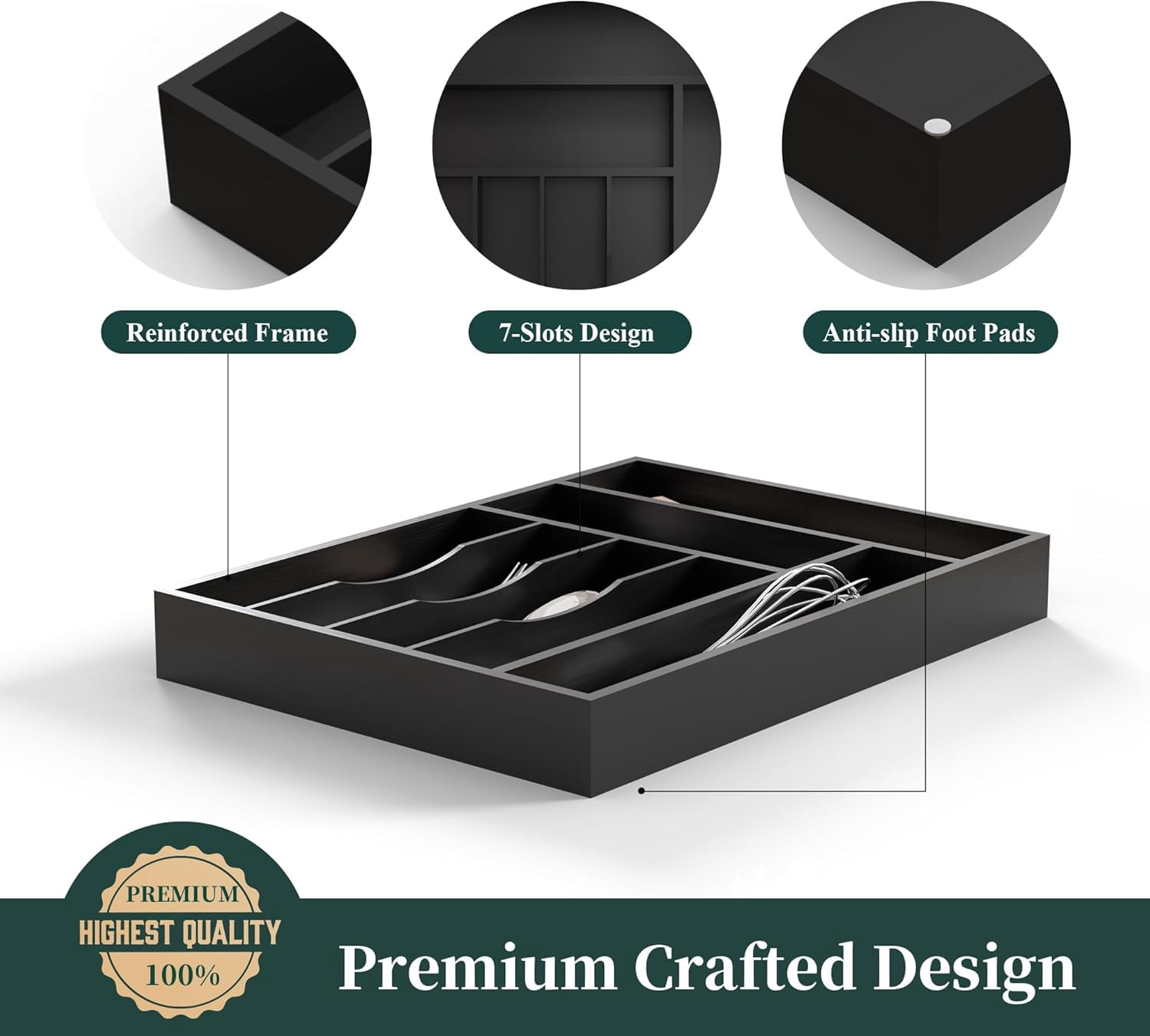 UniVerse Bamboo Silverware Organizer, Kitchen Drawer Organizer, Utensil Holder, Cutlery Tray & Spoon Flatware Storage with Grooved Drawer Dividers (7 Slots, Black)