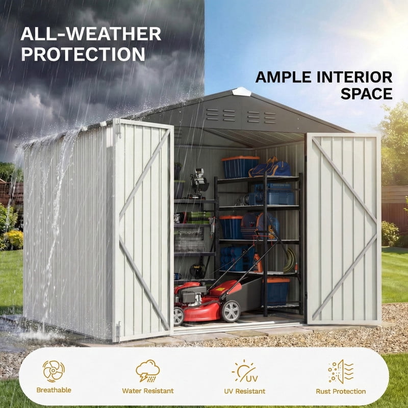Homall 8 x 6 ft Outdoor Storage Shed, Durable Patio Metal Storage Shed with Floor Frame & Lockable Doors for Garden Backyard Lawn, White