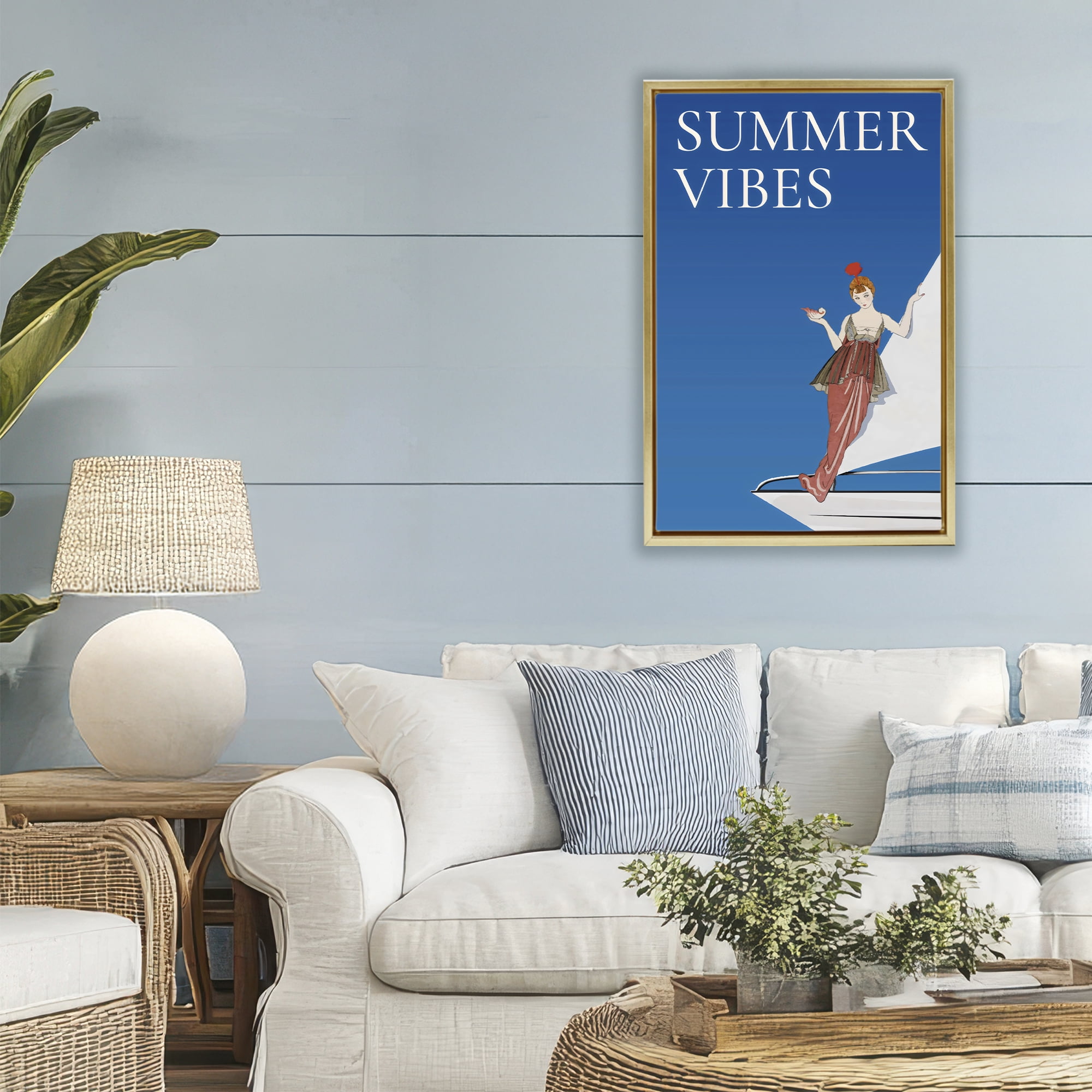 Stupell Industries Summer Vibes Vintage Yacht Gold Framed Floater Canvas Wall Art, design by Creative Studio