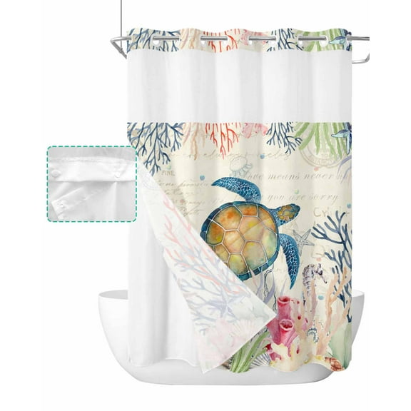 No Hook Shower Curtain with Snap in Liner, Summer Sea Turtle Ocean Coral Seaweed Vintage Print Hotel Shower Curtains for Bathroom, Washable Shower Curtain Liner Set with Mesh Top Window, 72"x84"