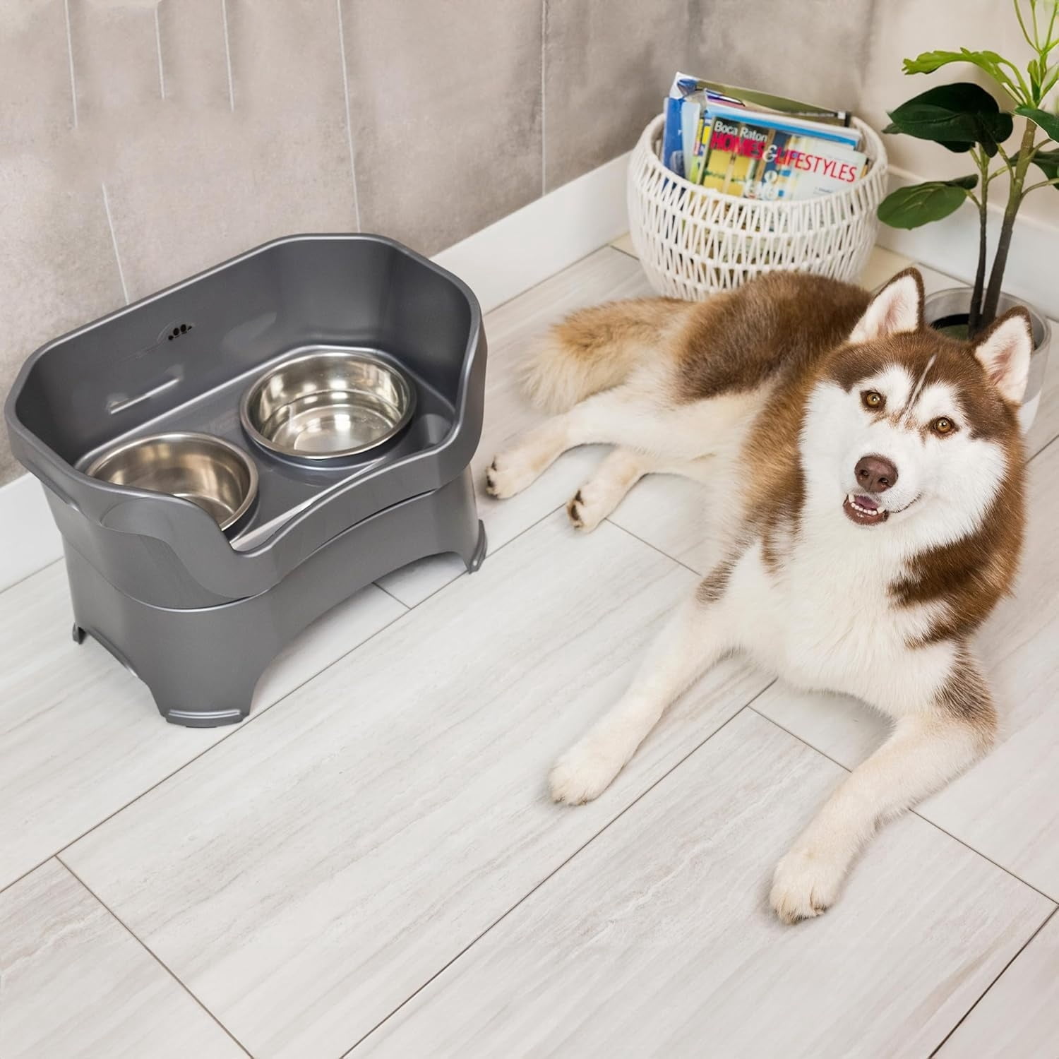 Deluxe Mess Proof Dog Bowls Elevated for Large Breeds – No Spill Raised Slow Feeder Elevated Dog Bowl Stand, Stainless Steel Food and Water Bowl Set, Grey