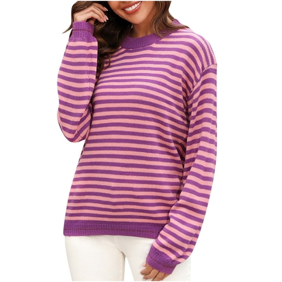 GigrtiJin Women Striped Knitted Sweaters Long Sleeves Crewneck Pullovers Sweater Tops Casual Warm Cozy Blouses