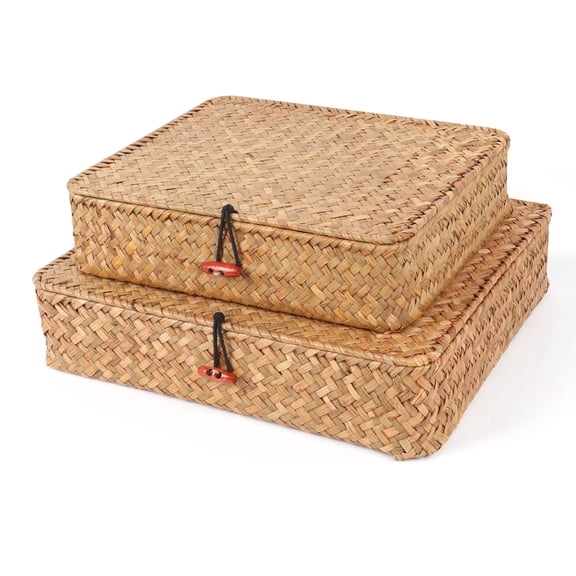 CHICCLO Seagrass Woven Storage Basket Set with Lid, Flat Wicker Shelf Organizer Bins for Closet, Bathroom and Home Decor, 12.6"X11.0"X2.8 and 11.0"x9.4"x2.6', Pack of 2