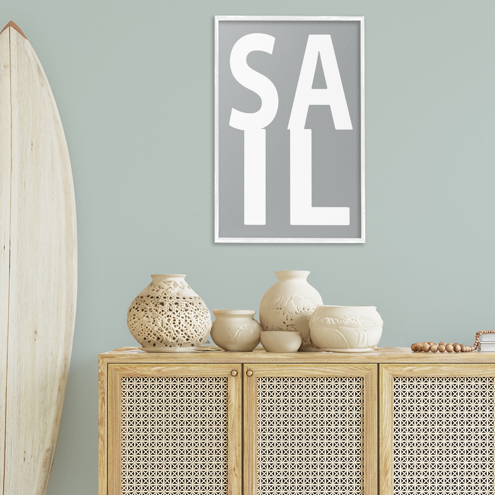 Stupell Industries Sail Word on Grey Typography Painting White Framed Art Print Wall Art, 20 x 30